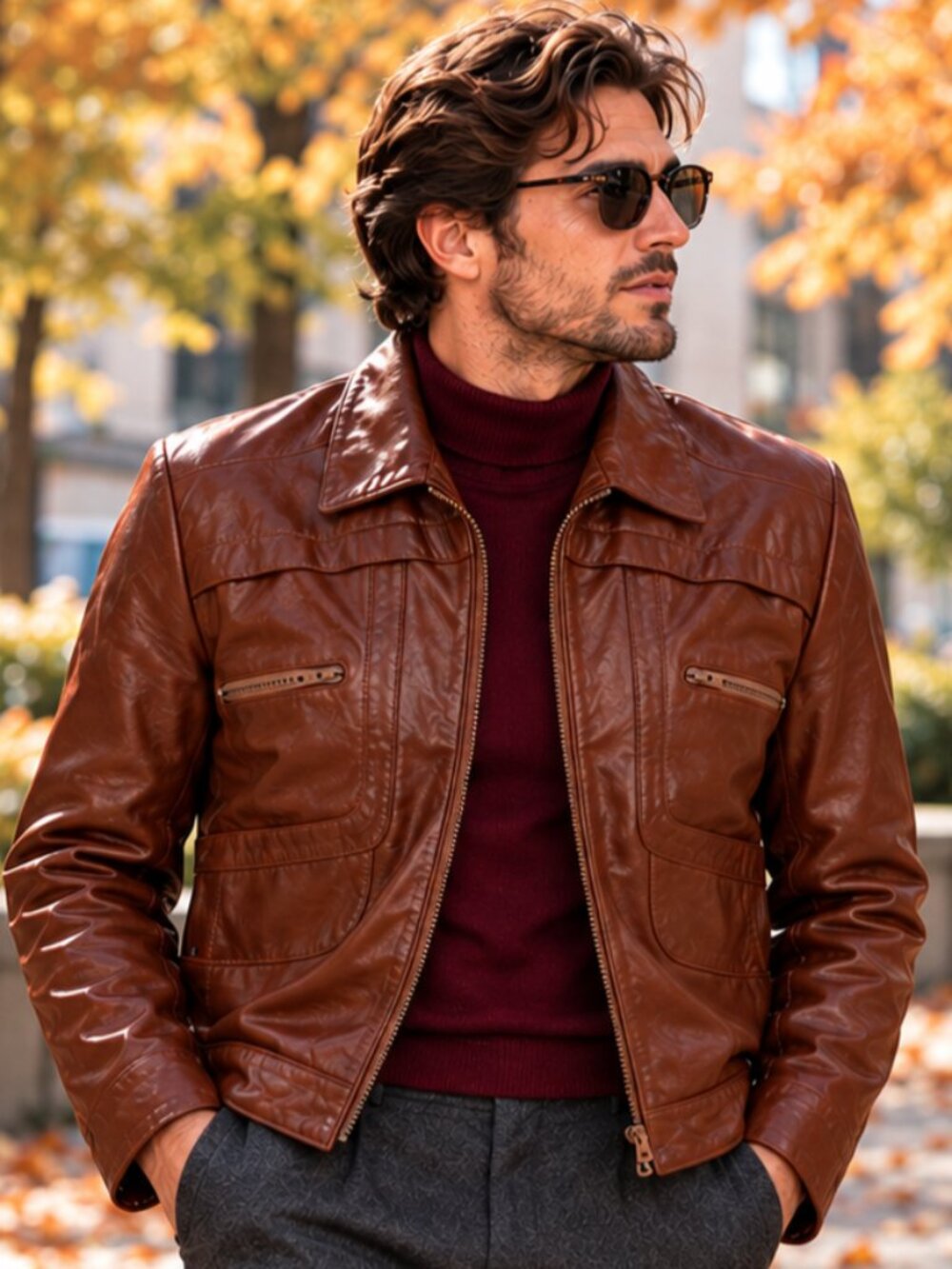 Vintage 1970s Wilsons Chestnut Brown Leather Bomber Jacket Mens 44